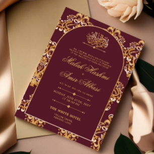 Red Elegant Pattern Gold Islamic Muslim Wedding Invitation