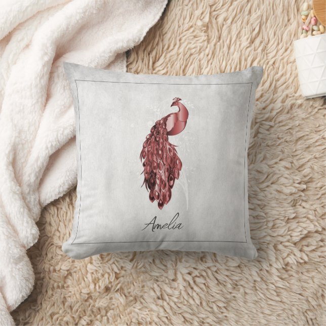 Red Elegant Peacock Throw Pillow (Blanket)