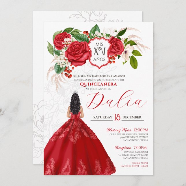 Red Elegant Roses Floral Crest Formal Quinceañera Invitation (Front/Back)