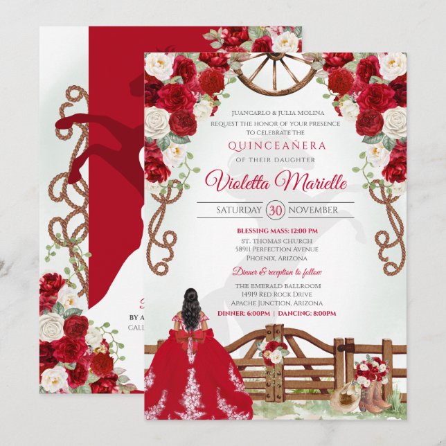 Red Elegant Rustic Western Charro Quinceanera Invitation (Front/Back)