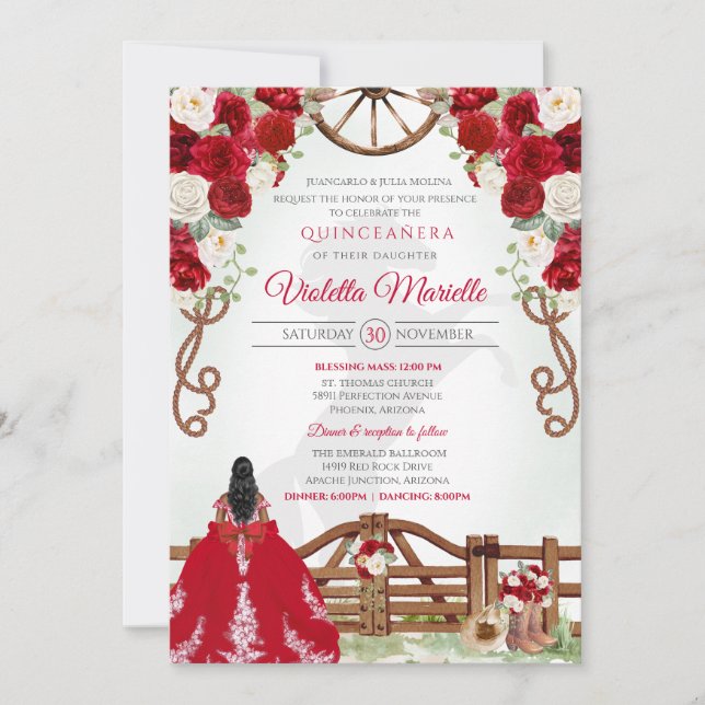 Red Elegant Rustic Western Charro Quinceanera V3 Invitation (Front)