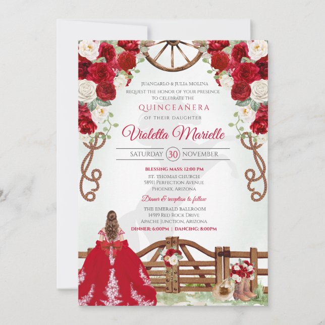 Red Elegant Rustic Western Charro Quinceanera V6 Invitation (Front)