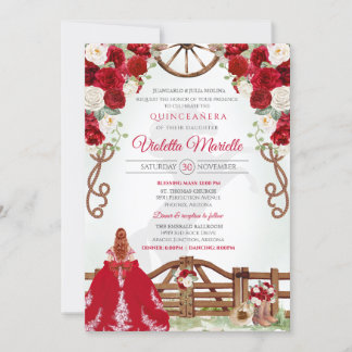 Red Elegant Rustic Western Charro Quinceanera V8 Invitation