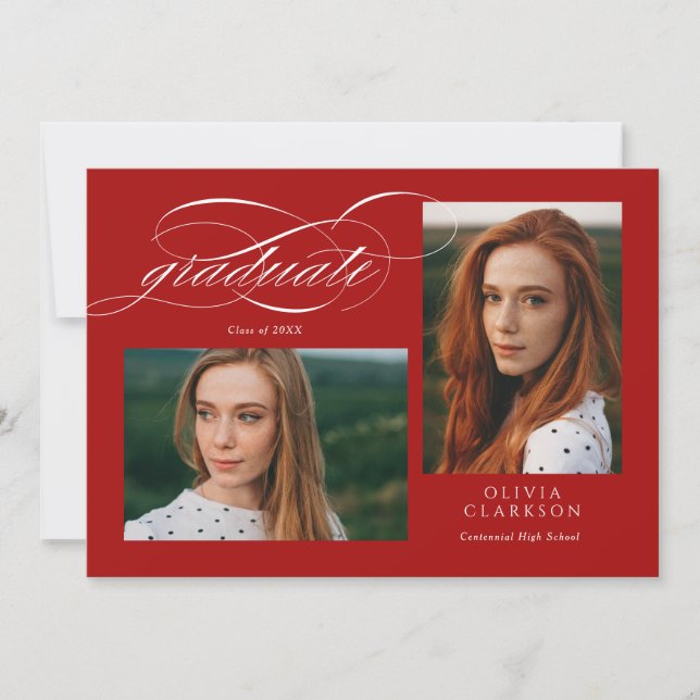 Red Elegant Script 3 Photo Graduation Party Invitation (Front)