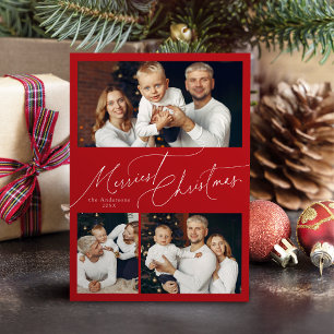 Red Elegant Script Merry Christmas Family 3 Photo Holiday Card