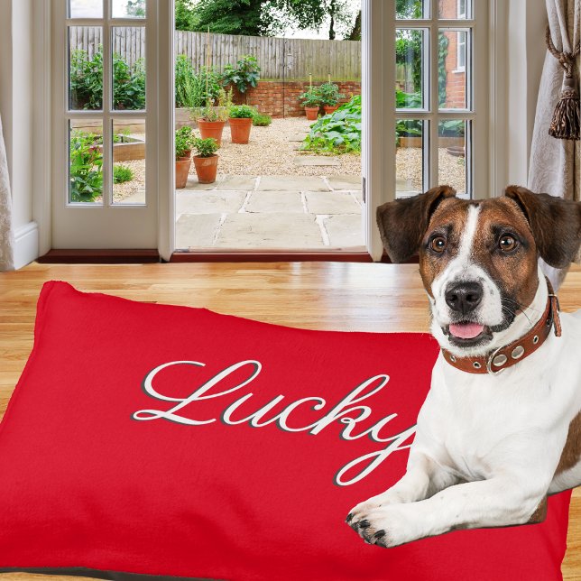Red Elegant Script Minimalist Dog Pet Bed (A bright red pet bed, for your dog or cat, personalized with their name in elegant script typography)