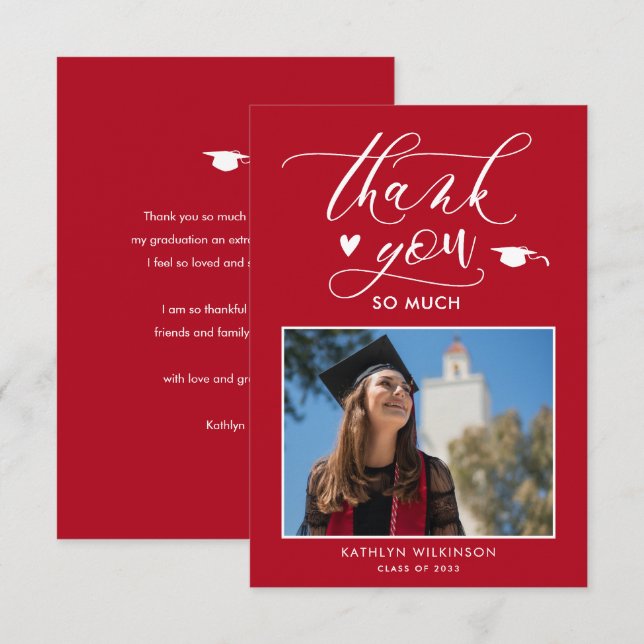 Red Elegant Script Minimalist Photo Graduation Thank You Card (Front/Back)