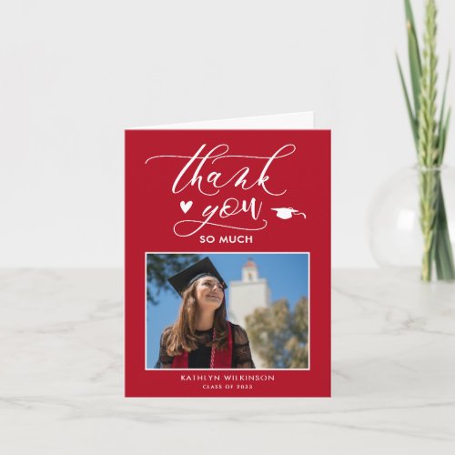 Red Elegant Script Photo Minimalist Graduation Thank You Card