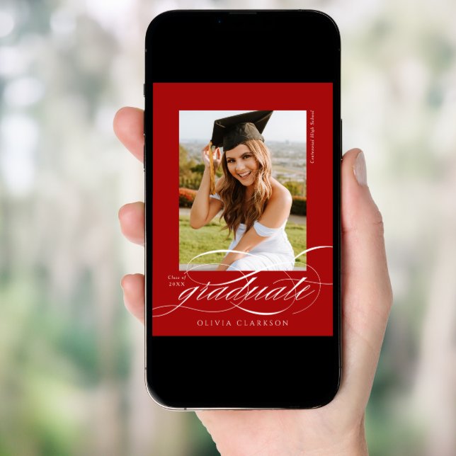 Red Elegant Script QR Code Photo Graduation Party Invitation (Front Digital)