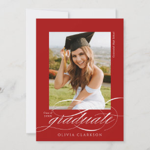 Red Elegant Script QR Code Photo Graduation Party Invitation