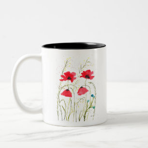 Red elegant Simple watercolor poppies flowers Two-Tone Coffee Mug