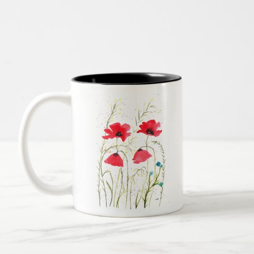 Red elegant Simple watercolor poppies flowers Two_Tone Coffee Mug