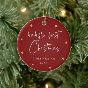 Red Elegant Star Photo Baby's Frist Christmas  Ceramic Ornament