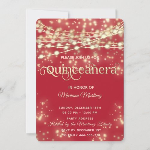 Red elegant String lights gold sparkle  Invitation