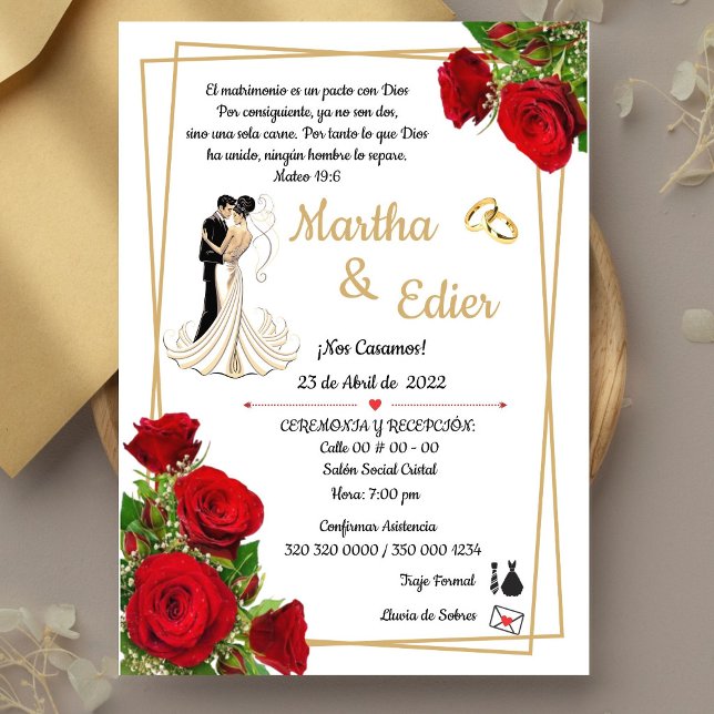 Red Elegant Timeless Love Wedding Invitation  (Classic Red Roses & Gold Religious Wedding Invite. Elegant, traditional and fully customizable)