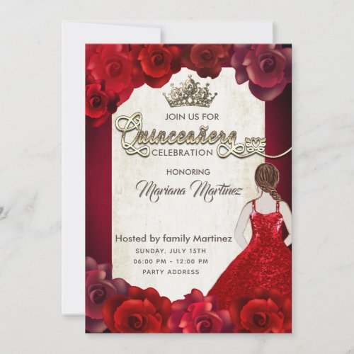  Red elegant vintage  girl roses tiara Quince Invitation