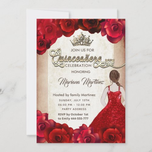  Red elegant vintage  girl roses tiara Quince Invitation