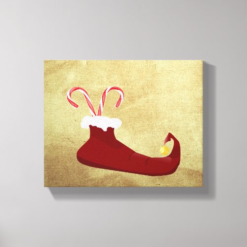 Red Elf Slipper with Candy Canes Canvas Print