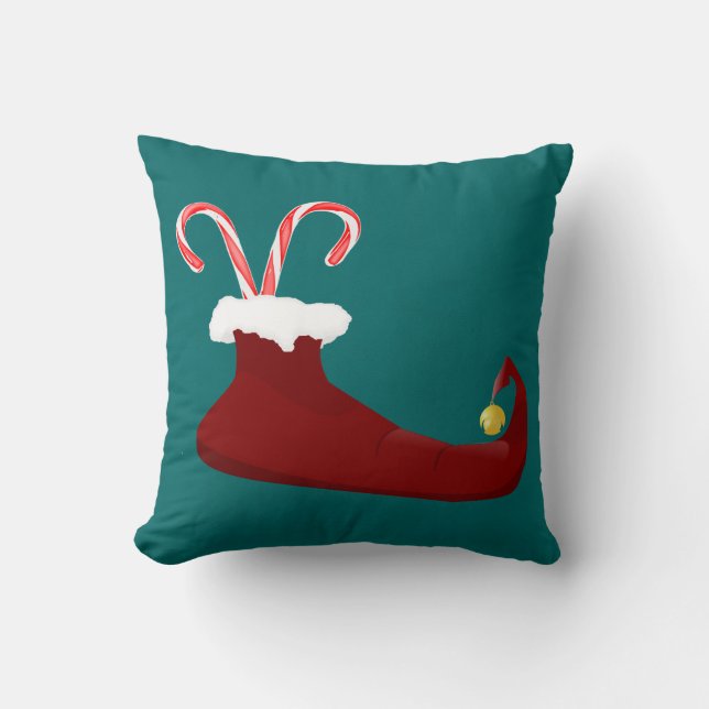 Red Elf Slipper with Candy Canes Throw Pillow (Front)