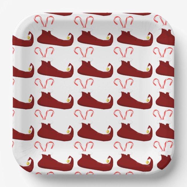 Red Elf Slippers with Candy Canes Square Paper Plates (Front)