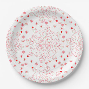 Red elves and snowflake pattern paper plates