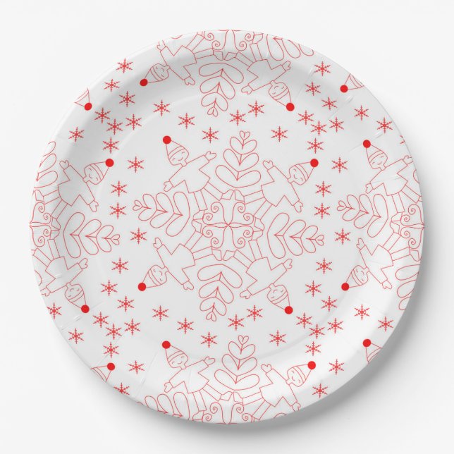 Red elves and snowflake pattern paper plates (Front)
