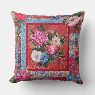 Red Embroidered-look Chinoiserie Peony Patchwork  Throw Pillow