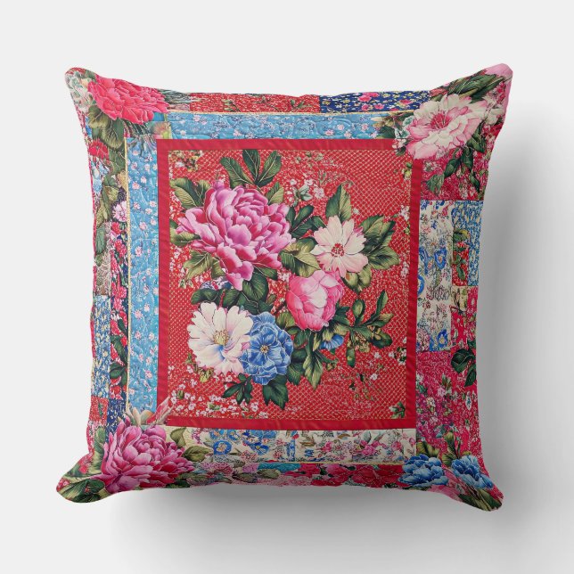 Red Embroidered-look Chinoiserie Peony Patchwork  Throw Pillow (Front)