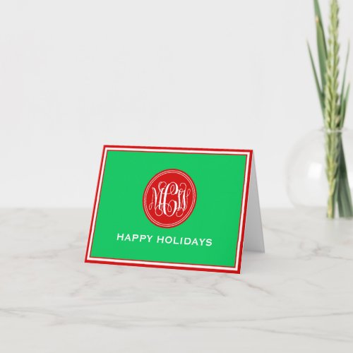 Red Emerald Green Framed Preppy Vine Monogram Xmas Holiday Card