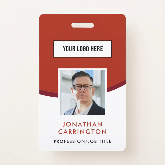 Red Employee ID Logo Photo Barcode Badge | Zazzle