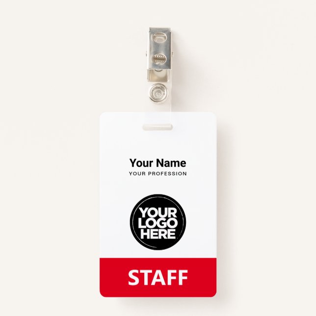 Red Employee Name Business Logo Staff Tag Badge (Front with Clip)