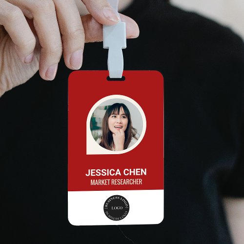 Red Employee Photo ID Card Bar Code Logo Name Badge