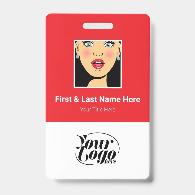 Red Employee Photo, qr Code, Logo, Name Badge (Front)