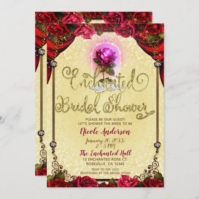 Red Enchanted Rose Beauty Bridal Shower Invitation (Front/Back)