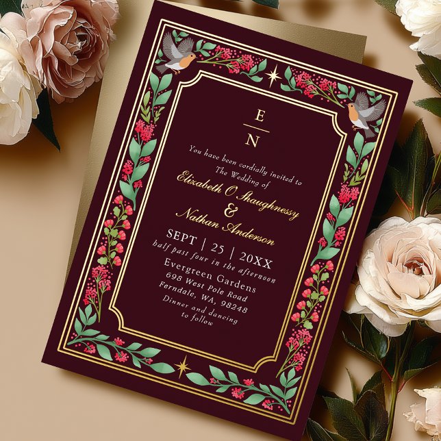 Red Enchanting Botanical Floral Garden Wedding Foil Invitation (Creator Uploaded)