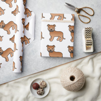 Red English Staffie Cute Cartoon Dog Pattern Wrapping Paper