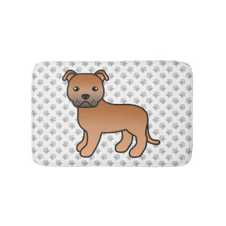 Red English Staffie Cute Cartoon Dog &amp; Paws Bath Mat