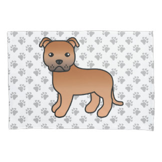 Red English Staffie Cute Cartoon Dog &amp; Paws Pillow Case