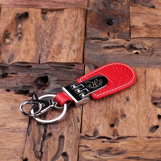 Red Engraved Script Monogram Leather Keychain (Top)