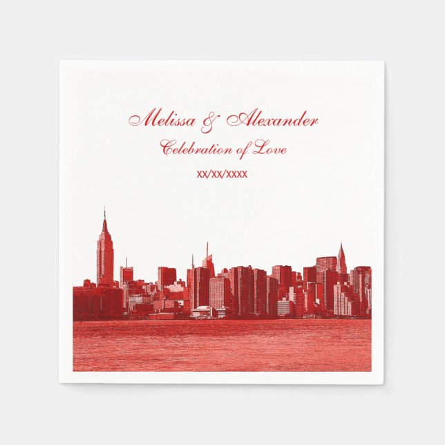 Red Etched Look NYC Skyline Silhouette, ESB #1 Paper Napkins (Front)