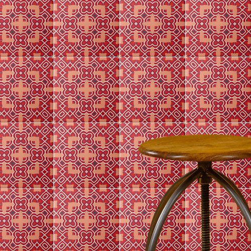 Red Ethnic Bohemian Arabesque Geometric Pattern Ceramic Tile