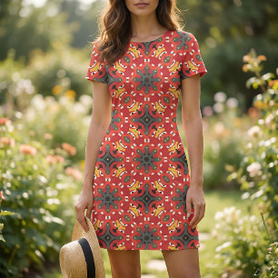 Red Ethnic Boho Geometric Mosaic Tribal Pattern Fabric