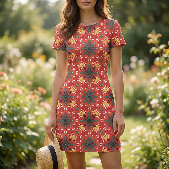 Red Ethnic Boho Geometric Mosaic Tribal Pattern Fabric (Creator Uploaded)