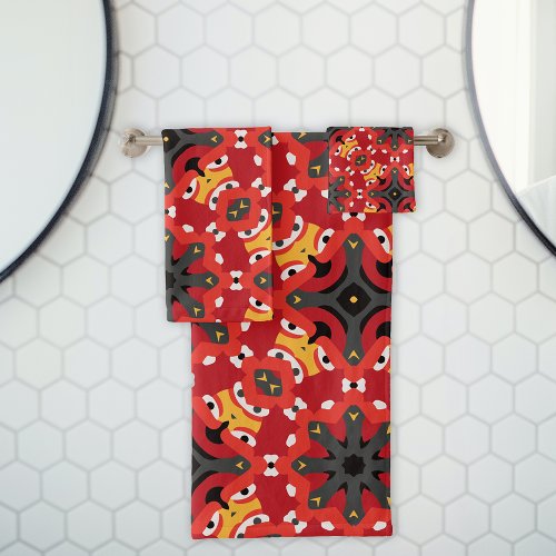 Red Ethnic Boho Oriental Arabesque Mosaic Pattern Bath Towel Set