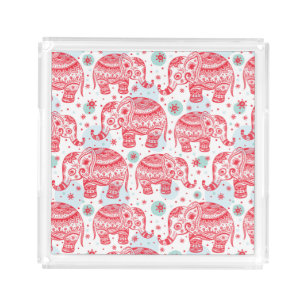 Red Ethnic Elephant Pattern Acrylic Tray