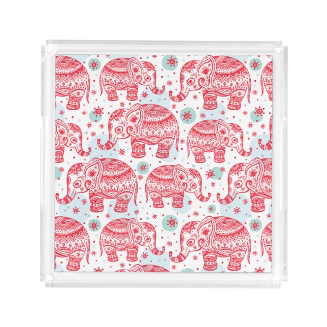 Red Ethnic Elephant Pattern Acrylic Tray (Front)