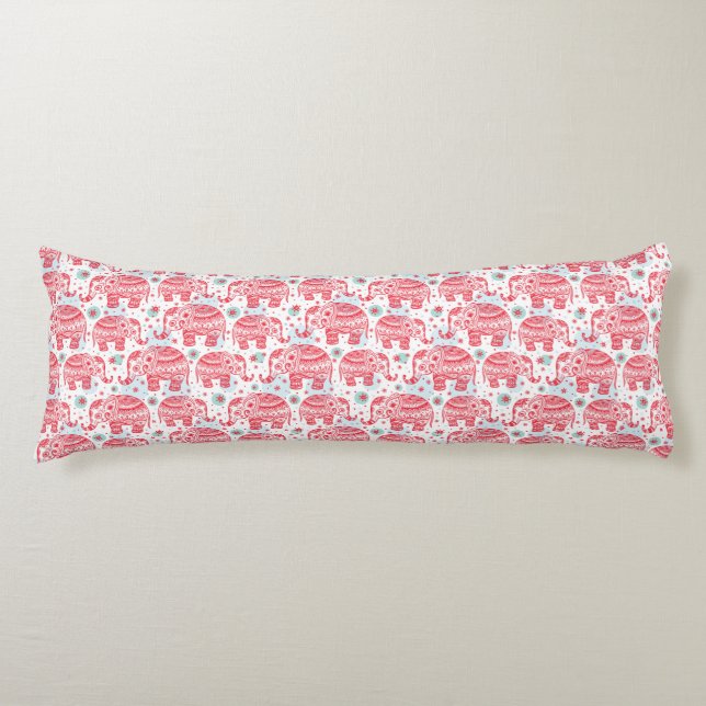 Red Ethnic Elephant Pattern Body Pillow (Front)