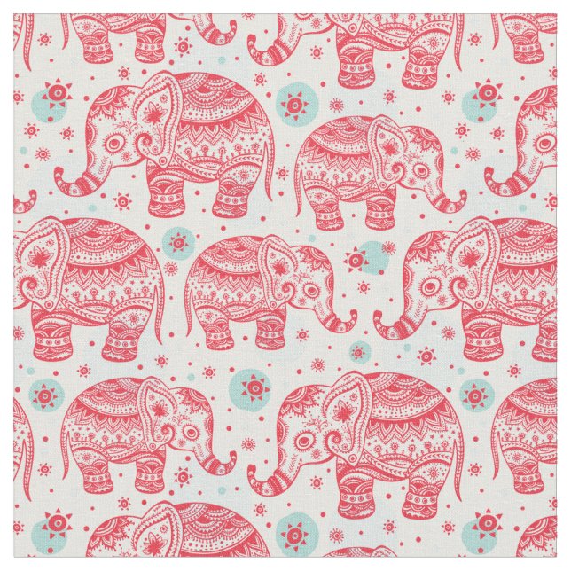 Red Ethnic Elephant Pattern Fabric (Close Up)