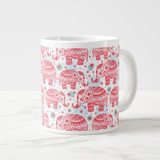 Red Ethnic Elephant Pattern Giant Coffee Mug (Front Right)