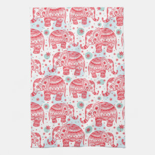 Red Ethnic Elephant Pattern Kitchen Towel